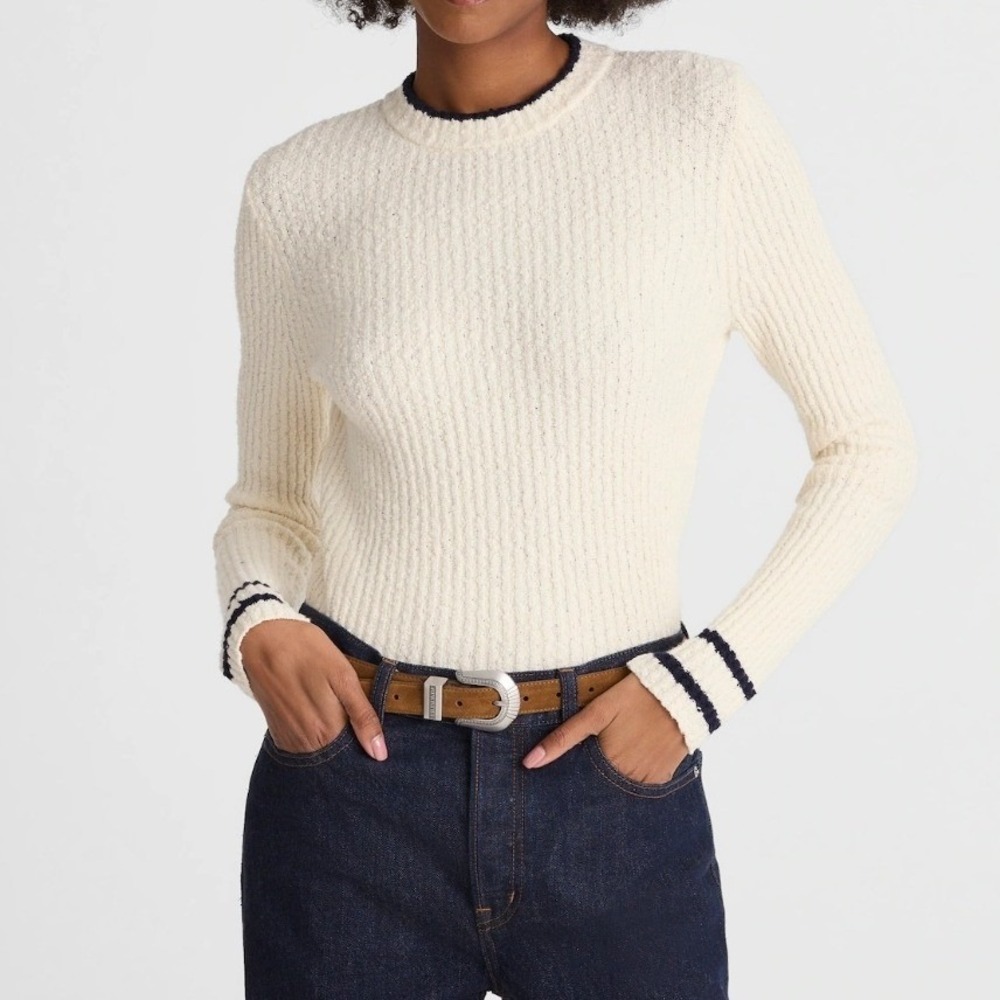 Madewell Boucle Knit Crewneck Sweater Cream Navy Blue Striped Slim Stretch Small